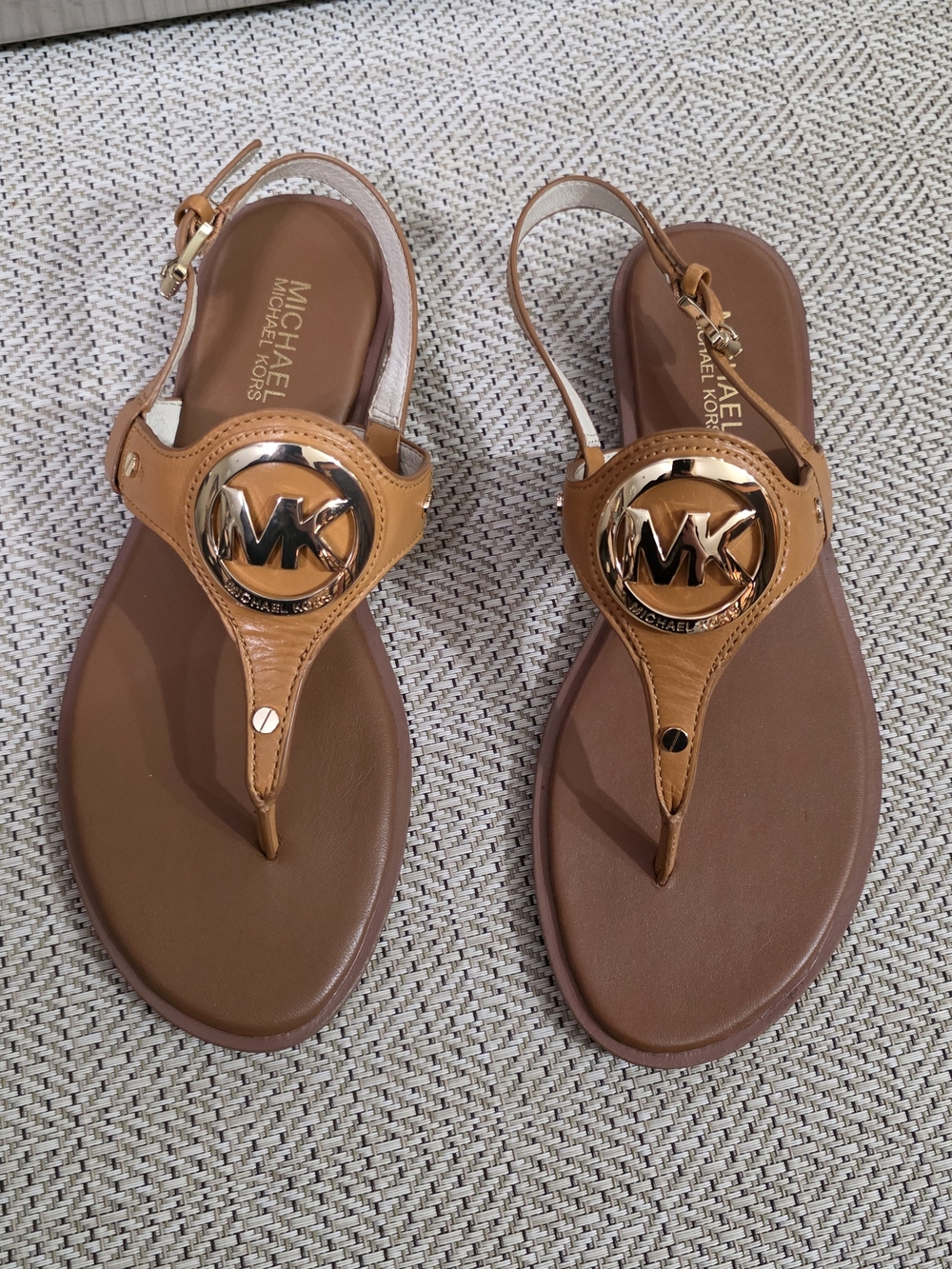 Michael Kors Cognac T-Strap Logo Sandals with Gold Medallions
